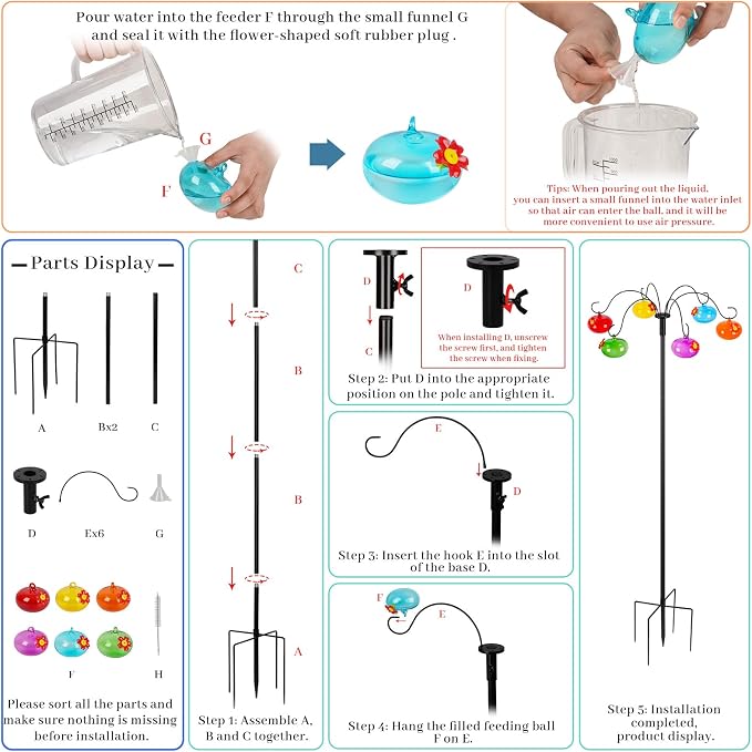 Liitrton Glass Hummingbird Feeders with Shepherds Hook for Outdoors Hanging 6 Hand-Blow Glass Hummingbird Feeder Balls, Adjustable Hight Bird Feeder Pole for Outside Garden Decor