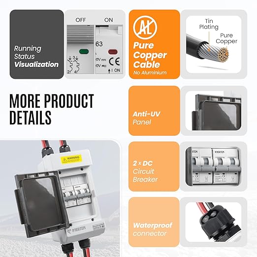 Solar Panels Disconnect Switch 60A 400VDC PV Shut Off Switch Outdoor 2 String Circuit Breaker Box IP66 Waterproof UV-Proof