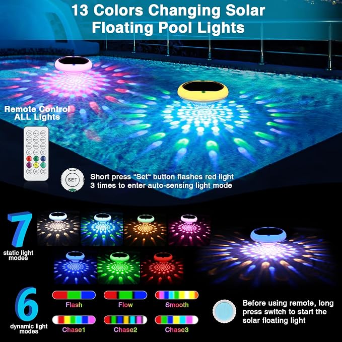 Solar Floating Pool Lights(4 PACK), 2600mAh USB Rechargeable Pool Lights That Float with Remote, 6.7’’ IP68 Waterproof Floating Light, 13 Colors Changing Upper and Lower Glow Hangable Light for Pools