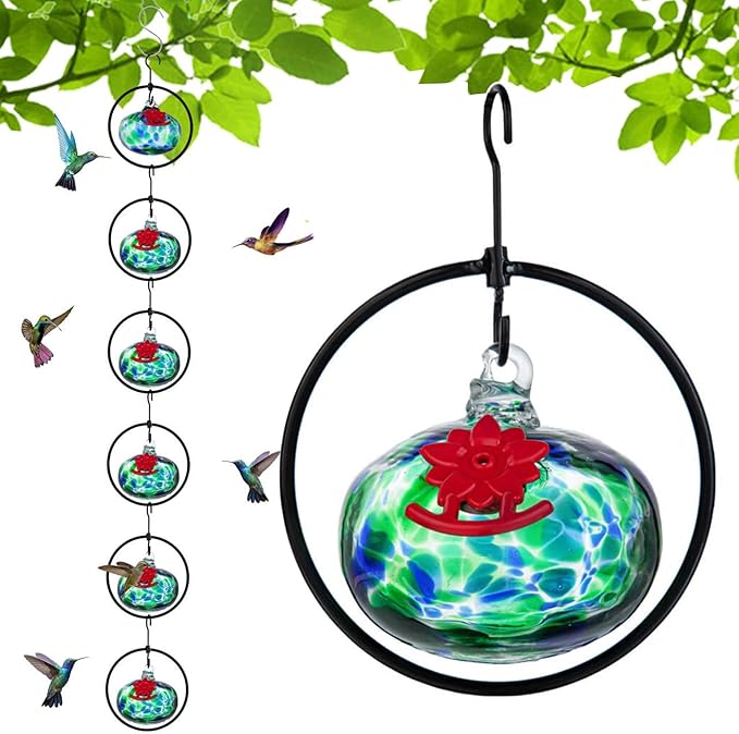 QFkris Set of 6 Blown Glass Hummingbird Feeder for Outdoors Hanging, Small Hummingbird Feeder with Flower Feeding Ports for Outside Garden Backyard Decor, Gardening Gifts for Women Mom(Green)