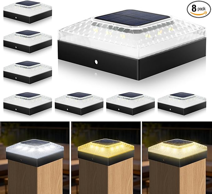 4x4 Solar Post Cap Lights 8 Pack, 3 Color Modes & 2 Brightness, IP67 Waterproof Fence Lights with Auto On/Off, 12-20H Runtime, No Wiring Needed for Outdoor Garden Yard