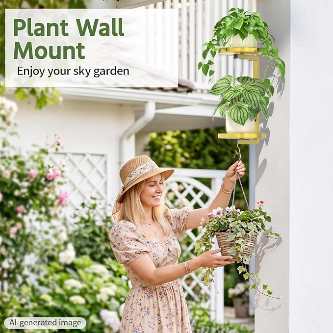 LASZOLA Plant Hangers Holder Wall Mounted Indoor, Metal 2 Tier Window Hanging Plant Shelves, 2Pcs Modern Floating Flower Display Stand with 2 Hooks for Outdoor Kitchen Bathroom Decor, Warm Gold