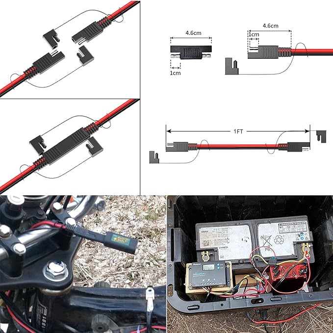 ELFCULB 16AWG 1FT SAE Extension Cable Quick Disconnect Wire Harness SAE Connector Plug for Automotive RV Battery Solar Panel (2 Pieces)