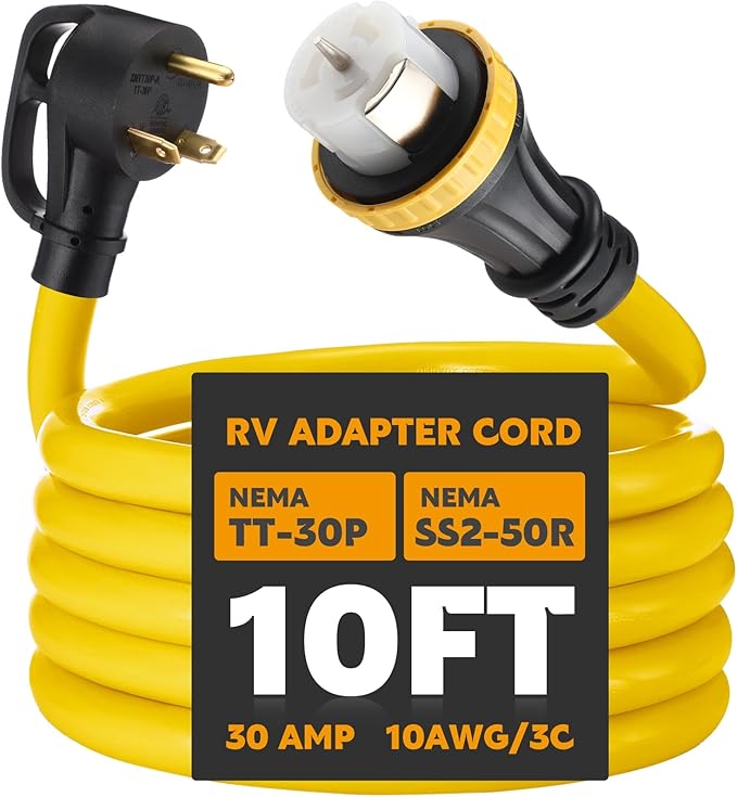 Tellegloww 10ft 30 Amp to 50 Amp RV Locking Adapter Cord Compatible with Nema TT-30P Male to SS2-50R, Locking Female Power Dog Bone Plug for RV Trailer Camper, STW 10 Awg/3c