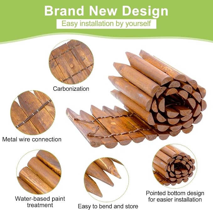 Hicarer 5 Pcs Wood Garden Edging Fence Border, 8" H x 47" L for Each, Wooden Solid Log Landscape Border, Short Decorative Flower Bed Barriers with Gloves & Hammer for Tree Lawn Yard(Light Wood Color)
