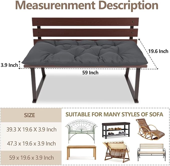 Yddsky Waterproof Indoor/Outdoor Garden Bench Seat Cushions，Thicken Patio Bench Soft Rocking Chairs Pad Lounger Seat for Wicker Loveseat Settee（59 X 19.6 in，Dark Gray）