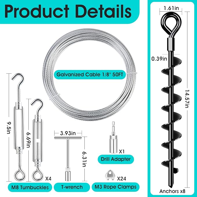 Ground Anchors Shed Anchors Kit with 1/8" Galvanized Cable and Turnbuckles, Trampoline Stakes Heavy Duty Earth Anchor for Sheds Canopy Gazebo Mobile Home Swing Set(8x15in)