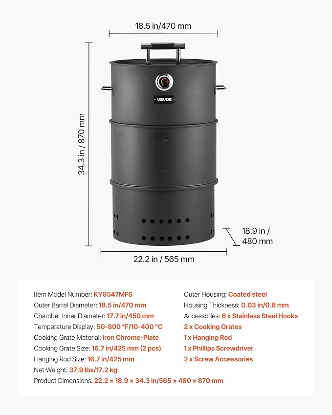 VEVOR Charcoal Smoker Grill, 18.5" Barrel Charcoal BBQ Smoker, Coated Steel Outdoor Barbecue Grill with 2 Grilling Grates, 1 Hanging Rod, 6 Hooks & Thermometer, Ideal for Party Backyard Patio Cooking