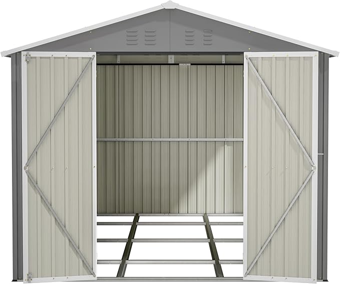 YOPTO 8x12 FT Large Outdoor Storage Shed with Lockable Doors & Floor Base,Weather-Resistant Metal Tool Shed for Garden, Backyard,Patio,Lawn,Gray