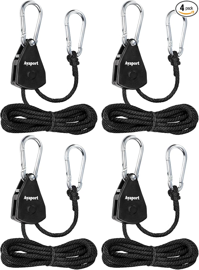 Ayaport Adjustable Rope Hanger Grow Light Hanger, 12Ft 1/8" Heavy Duty Plant Pulley Rope Tightener Ratchet Tie Down for Kayak, Tarp, Tent Tie Downs, 4 Pack