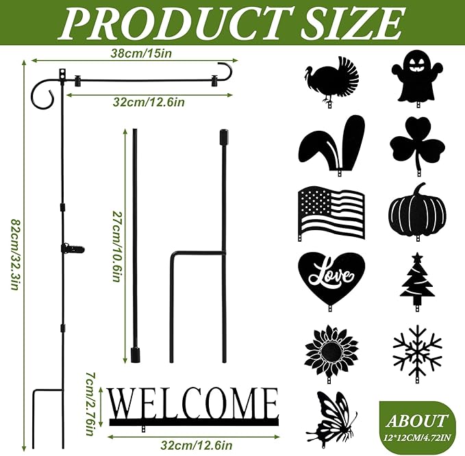 Garden Flag Stand Holder with 12 Interchangeable Seasonal Iron Decorations Yard Flag Holder Weather Proof Metal Powder Coated Flagpole with Clip Spring Stopper for Outdoor Garden Decor