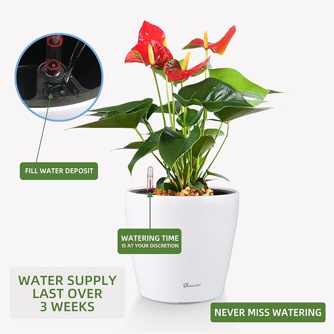 Dexceder 9x8 Self Watering Planter (White High Gloss) | Inner Pot Design, Thickened Table Flower Plant Pot with Water Level Indicator Indoor Outdoor