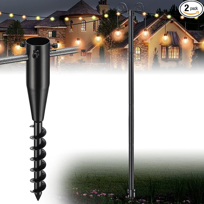 String Light Poles for Outside 9.3 FT - 2 Pack Outdoor Patio Decor Poles for String Lights Hanging, Heavy Duty Auger Ground Anchor, 1.5 inch Diameter Adjustable Metal Post
