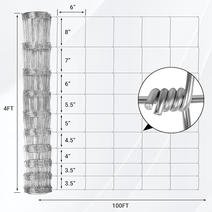 Farm Fence 4FT x 100FT, Galvanized Cattle Fence | Heavy Zinc Coating Wire Fencing, 14GA Livestock Fence, Goat Fence, Hog Wire Fencing Perfect for Livestock, Animals Protection