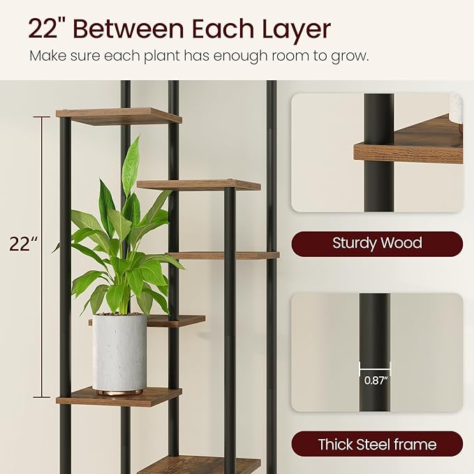 Yzosvki 10 Tier Plant Stand Indoor, Tiered Corner Plant Shelf Flower Stand for Living Room, Balcony, Patio, Garden, Rustic Brown