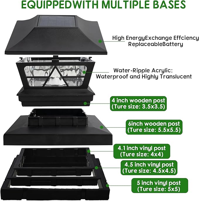 TW SHINE Solar Post Cap Lights 6 Pack, 2 Modes Fence Post Solar Powered Lights Outdoor Waterproof for 4x4 5x5 6x6 Wood Posts Warm White/Cool White for Yard, Garden, Porch, Deck, Patio Decor