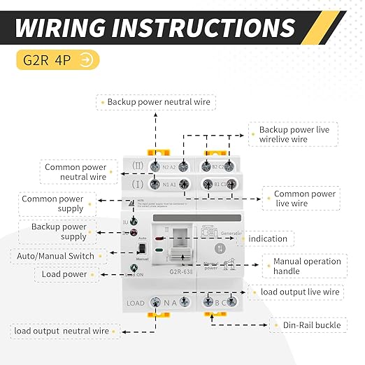 Mini ATS Automatic/Manual Transfer Switch 4P 63A AC220V, Home Generator Manual Transfer Switches for Uninterruptible Power Supply, 3Phas Dual Auto Power Electrical Selector Switch DIN Rail Mount G2R
