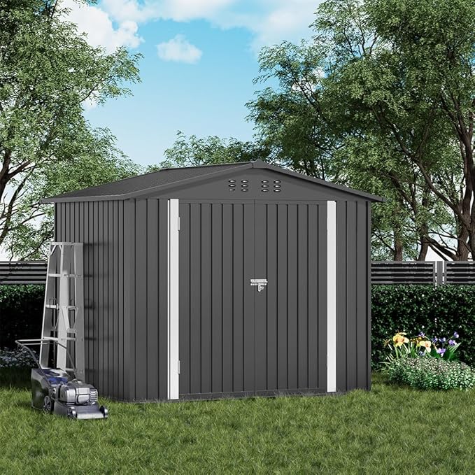 COMHOMA Shed Outdoor Storage Shed Metal,Lockable Doors Tool Sheds with Sloping Roof,Steel Garden Shed with Air Vent for Backyard,Patio,Lawn,Poolside(Grey,8'x6')