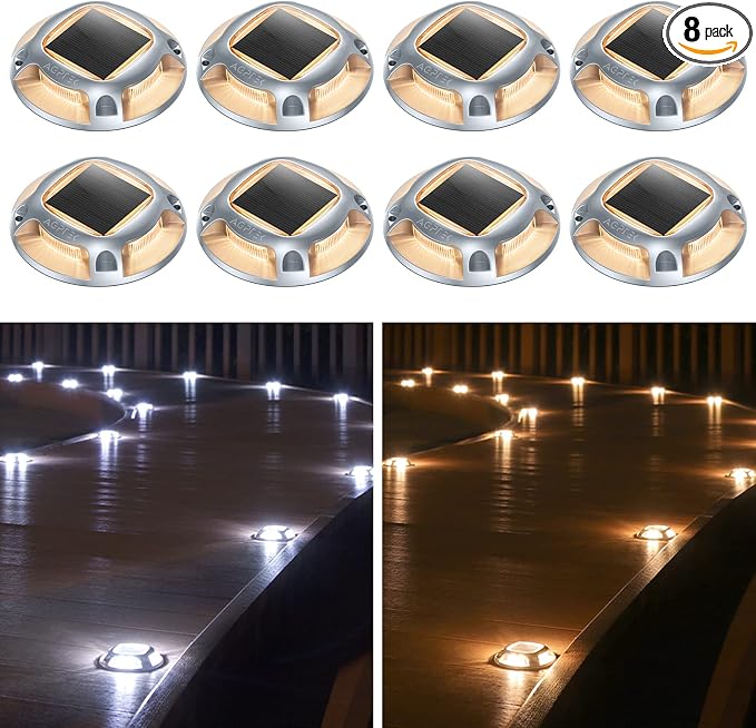 AGPTEK Solar Driveway Lights Outdoor 8 Pack, 2 Color Modes LED Deck Dock Marine Waterproof Driveway Marker Lights for Step Sidewalk Stair Garden Pathway Walkway Yard (Warm White/Cool White)