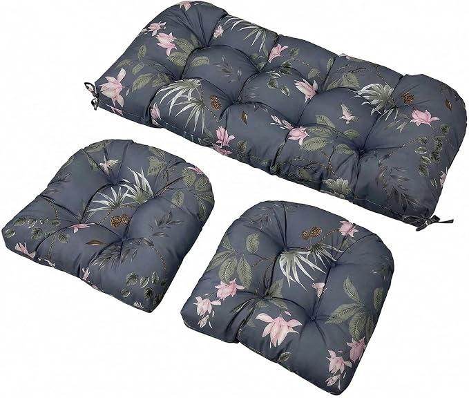 Wicker Chair Cushions Set, 2 U-Shaped Cushions & 1 Loveseat, Waterproof Outdoor Loveseat Cushion for Patio Furniture, Settee Bench Pad All Weather,PinkFlower