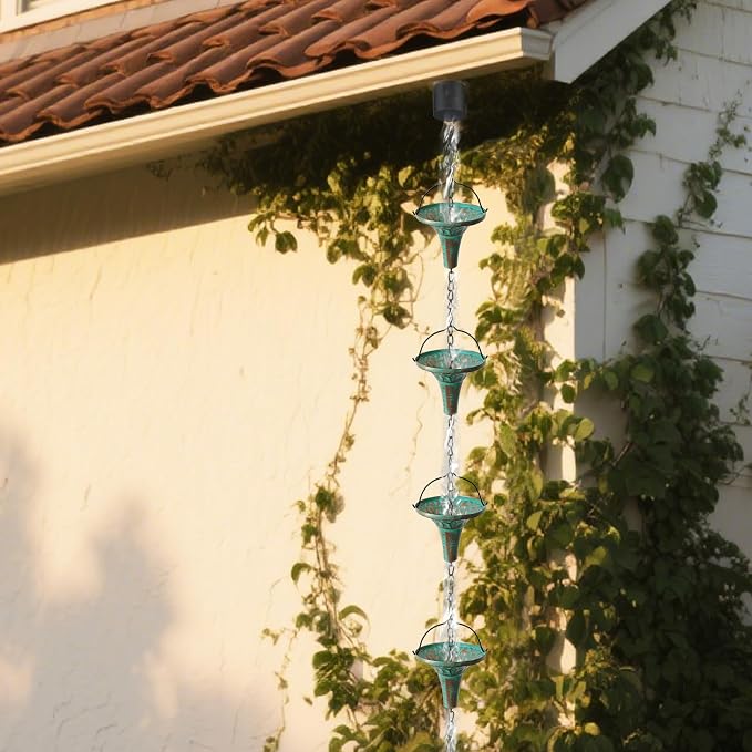 Patina Rain Chain for Gutters, 8.6 FT Decorative Water Chain with 12 Funnel Cups, Crystal Accent, Rust Resistant Outdoor Rain Chain for Garden & Porch