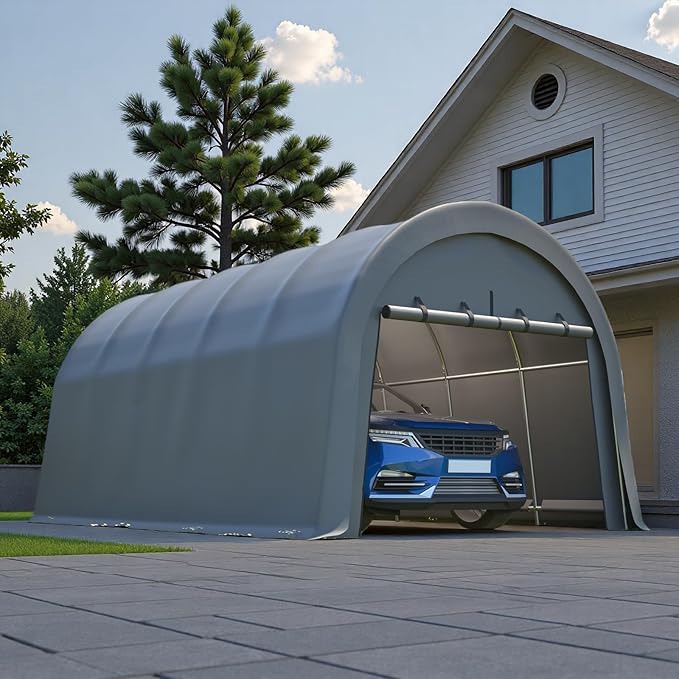 12x20 FT Anti-Snow Carport, Heavy-Duty Portable Garage with Steel Frame & Vented Roof, Removable Double-Zipper Door, Waterproof Outdoor Storage Shelter for Trucks, Boat, Easy Assembly, Grey