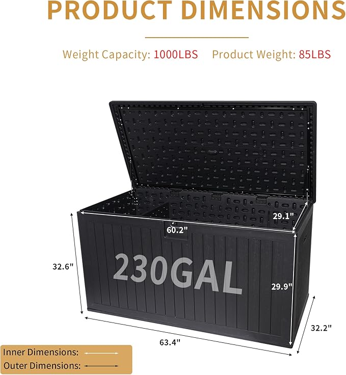 KEIKI 230 Gallon Outdoor Deck Storage Box,Large Lockable All Weather Containers for Patio Furniture Cushions,Pool Accessories,Garden Tools