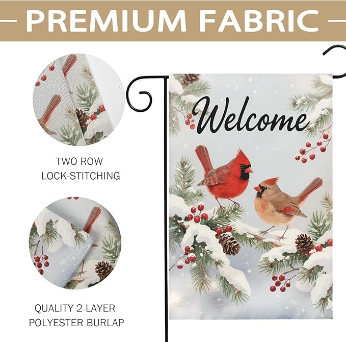 Winter Cardinal Garden Flag 12x18 Inch Snow Scene Bird Welcome Christmas Holiday Seasonal Decorative Yard Flags for Outside Double Sided Outdoor Home Farmhouse Decoration Porch New Year Decor