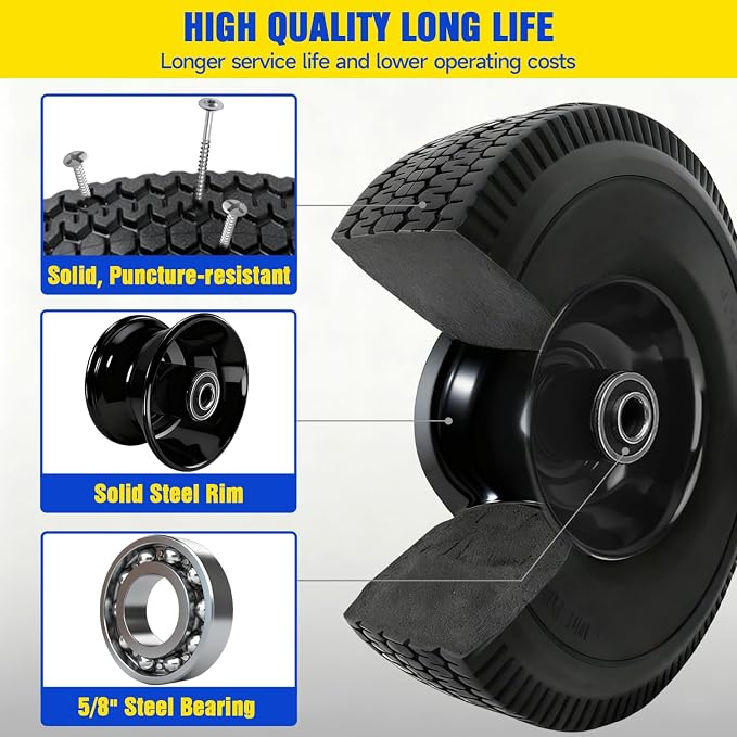 4.10/3.50-4 Flat Free Tire, 10 Inch Solid Tires and Wheels Replacement with 5/8'' Bearings, 2.2" Offset Hub for Hand Truck, Dolly, Wheelbarrow, Includes Adapter Kit (2 PACK)