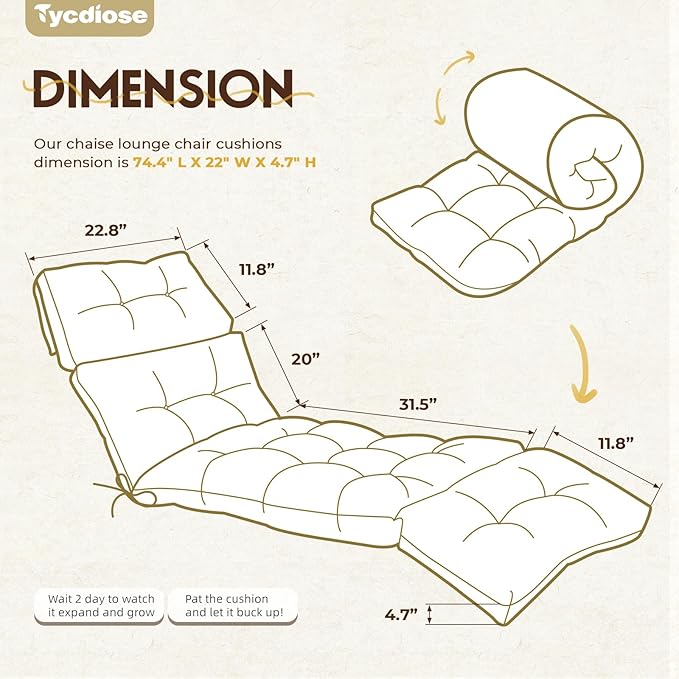 Outdoor Chaise Lounge Chair Cushion 74.4 x 22 x 4.7 Inches Memory Foam Lounge Chair Cushions Waterproof for Outdoor Furniture with Ties, Thickened Pool Chaise Lounge Chair Cushions, Khaki