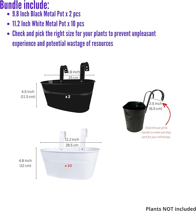 LaLaGreen Bundle- 2 Pack, 9.8 Inch Black + 10 Pack, 11.2 Inch White Metal Pot Hanging Strawberry Planter Holder Railing Deck Fence Herb Flower Bucket Boxes Wall Mount Porch Patio Balcony Outdoor Decor