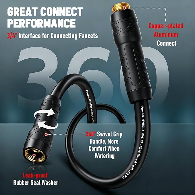 Garden Hose 50 ft x 5/8", NON-EXPANDABLE Heavy Duty Premium Flexible Water Hose, No Kink, Leakproof, Lightweight Hybrid Hose with Male to Female Fittings for Household、Backyard