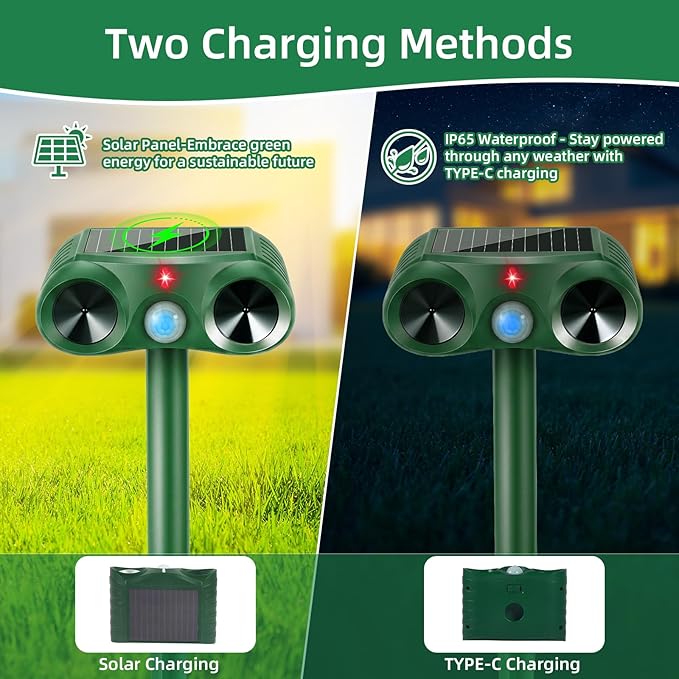 2026 Upgraded Solar Ultrasonic Animal Repellent Sonic Deer Repellent Devices Cat Deterrent Outdoor with Motion Sensor to Keep Raccoon Squirrel Rabbit Dog Away from Yard Lawn Garden 4 Pack