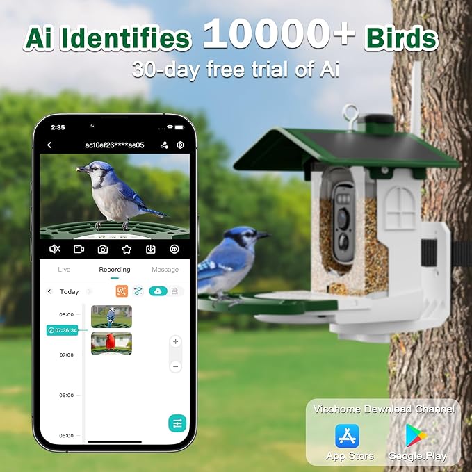 Smart Bird Feeder with Camera Solar Powered - AI Bird Identification, 2K HD Video Stream Camera, 3MP Photos, 2.9in Focus, Gifts for Mom Dad Birdlovers, Grass Green