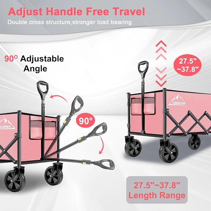 Collapsible Folding Wagon Cart, 350LBS Utility Large Capacity Cart Foldable Wagon with All Terrain Wheels, Grocery Wagons Carts for Garden Shopping Sports Camping, Light Pink