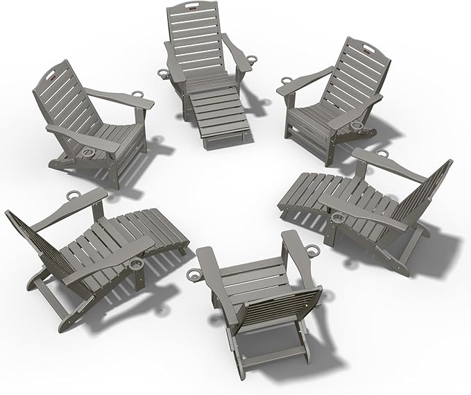 Ciokea Folding Adirondack Chair Set of 6 with Retractable Ottoman Fire Pit Patio Chair with Pull Out Foot Rest Weather Resistant Lawn Outdoor Chair with 2 Cup Holder (Grey)