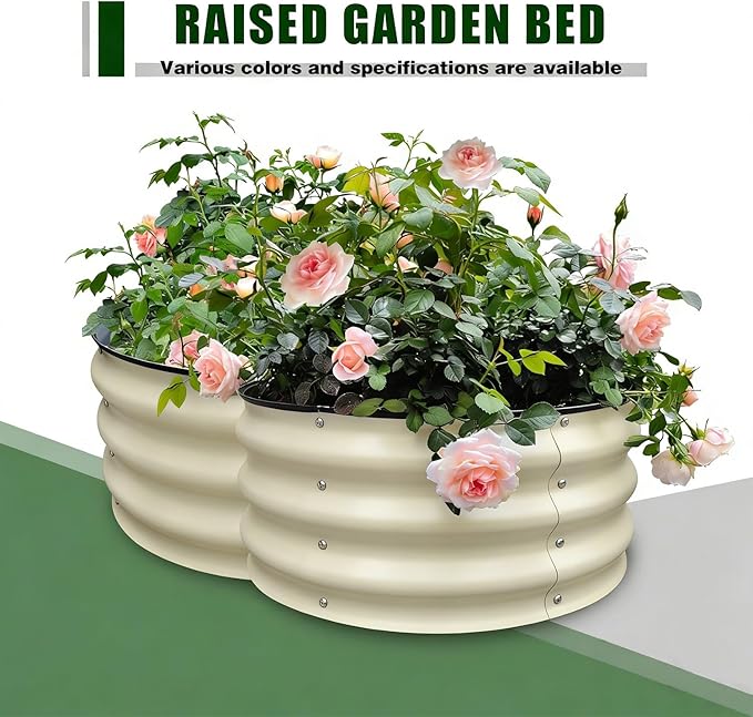 GrowHaus 2x2x1FT Galvanized Raised Garden Bed, Planter Boxes Outdoor Round Metal Garden Beds for Planting Vegetables Flowers Herbs 2 Pack Milk White
