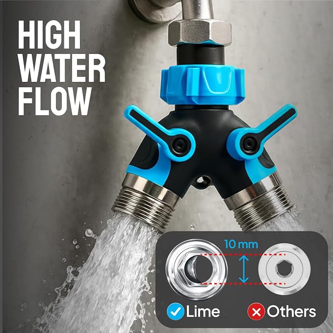 2 Way Hose Splitter Heavy Duty - Metal Y Garden Hose Splitter with Shutoff Valves, Brass Outdoor Faucet Adapter for Spigot, 3/4 Inch GHT Water Hose Connector - Blue