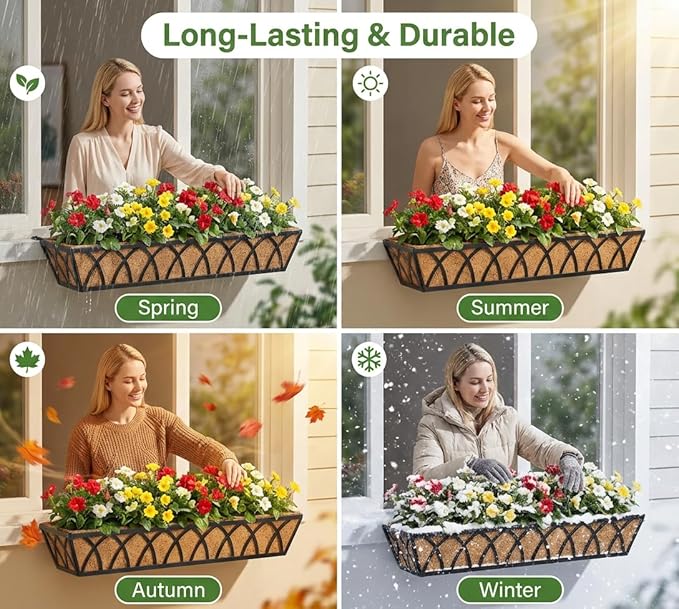 Y&M 4 Pack Hanging Railing Planter Boxes, 30 Inch Adjustable Balcony & Deck Planter, Heavy Duty Metal Flower Box for Porch, Fence & Window, Outdoor Plant Holder