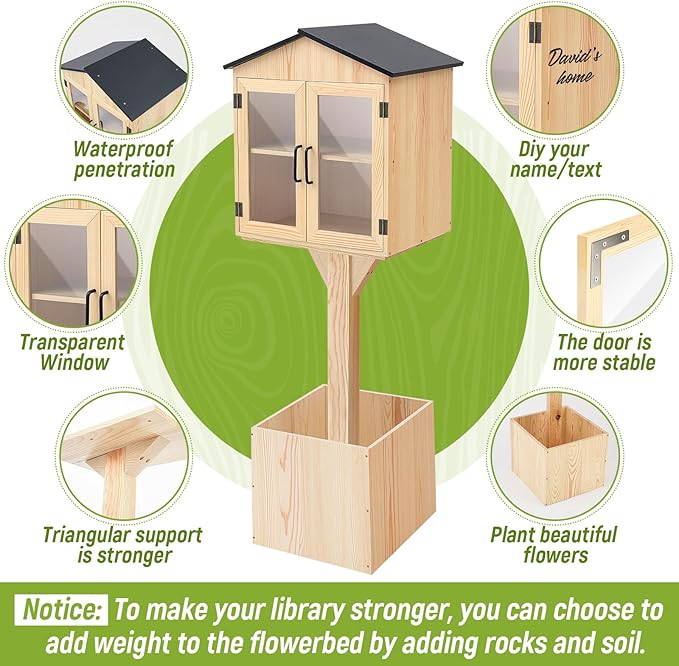 Wonderjune Little Library Box Outdoor, Durable Weatherproof Solid Wood Free Library Book Exchange Box with Floor Plugs and Small Flower Fence for Neighborhoods, Community and School
