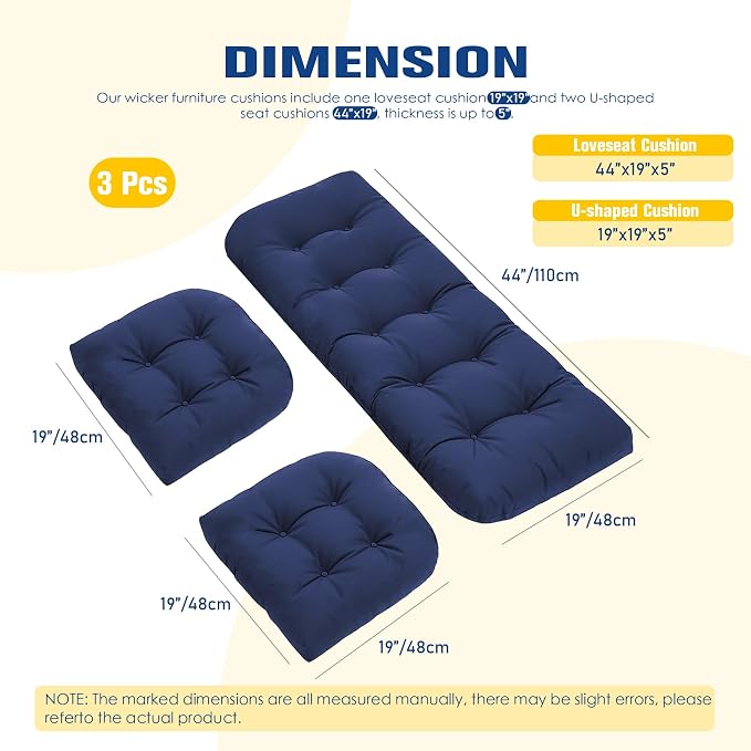 Wicker Furniture Cushions Set, Waterproof Patio Cushions for Outdoor Chairs 3 Pieces, 1 Loveseat & 2 Seat Pads Thick Outdoor Replacement Cushions for Porch Lawn Bench Couch Sofa, Navy Blue