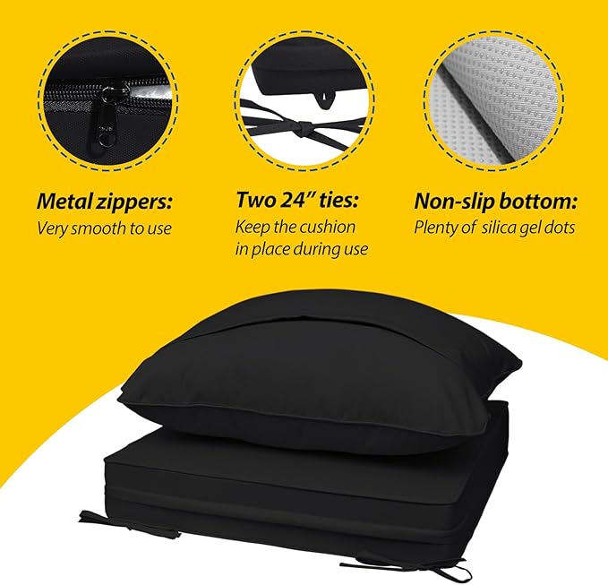 AAAAAcessories Outdoor Seat Cushions for Chairs, Fade-Resistant, Waterproof Patio Furniture Replacement Cushions, 19" x 19" x 3" + 19" x 17", Charcoal Black