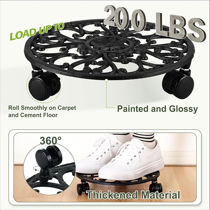 3 Packs 11 Inch Rolling Plant Stand with Wheels Wrought Iron Rolling Plant Stand with Casters Heavy Duty for Indoor Plants Rollers with Wheels Metal Round Plant Dolly