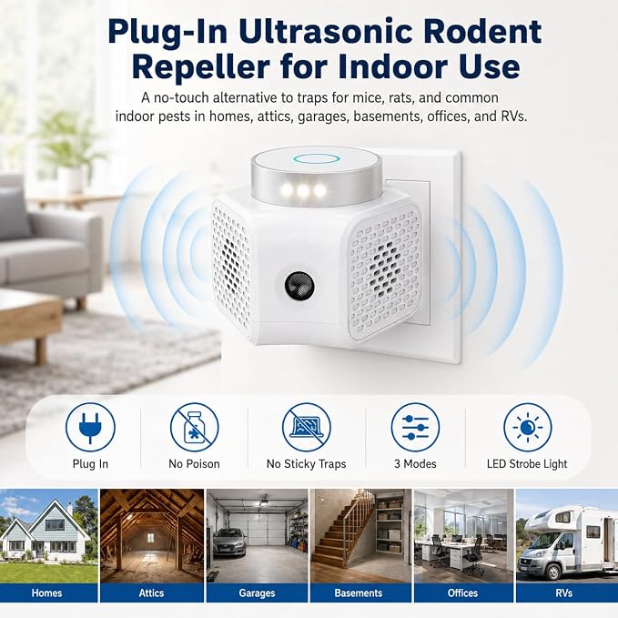 Ultrasonic Mouse Repellent Plug in Indoor, No-Touch Rodent Repellent for Home, 3 Modes with LED Strobe Light, Electronic Pest Control for House, Attic, Garage, Basement, Office and RV