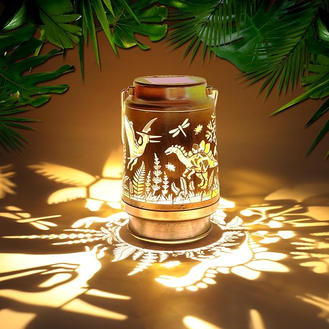 Solar Lanterns Outdoor Waterproof, Dinosaur Garden Decor Lights, Metal Hanging Solar Powered Lantern for Patio Yard Pathway, Unique Dinosaur Gifts for Women Men