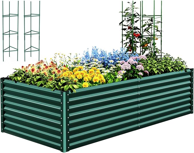 Quictent Galvanized Raised Garden Bed 8x4x2 Ft Tall Metal Planter Box for Vegetables Outdoor Bottomless for Backyard, 2 Tomato Cages Included, 22.04" Deep, Green