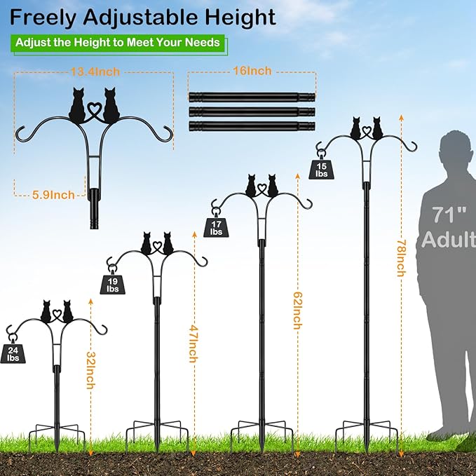 Double Shepherds Hooks for Outdoor, 2 Pack 78 Inch Bird Feeder Pole with 5 Prongs Base, Adjustable Heavy Duty Plant Hangers Cat Art for Outdoor Plants Hummingbird Feeder Hanging Basket Lantern