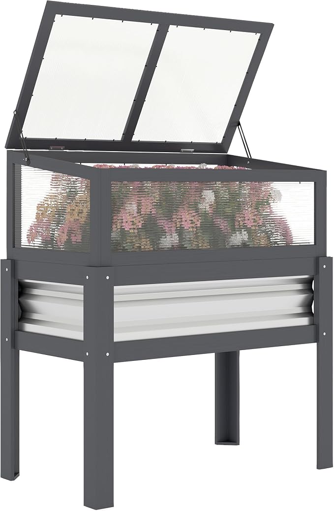 Outsunny Wooden Raised Garden Bed with Flip-Up Greenhouse Top, Raised Garden Bed with Legs and Bed Liner, Elevated Planter Box for Flowers, Vegetables, Herbs, Gray