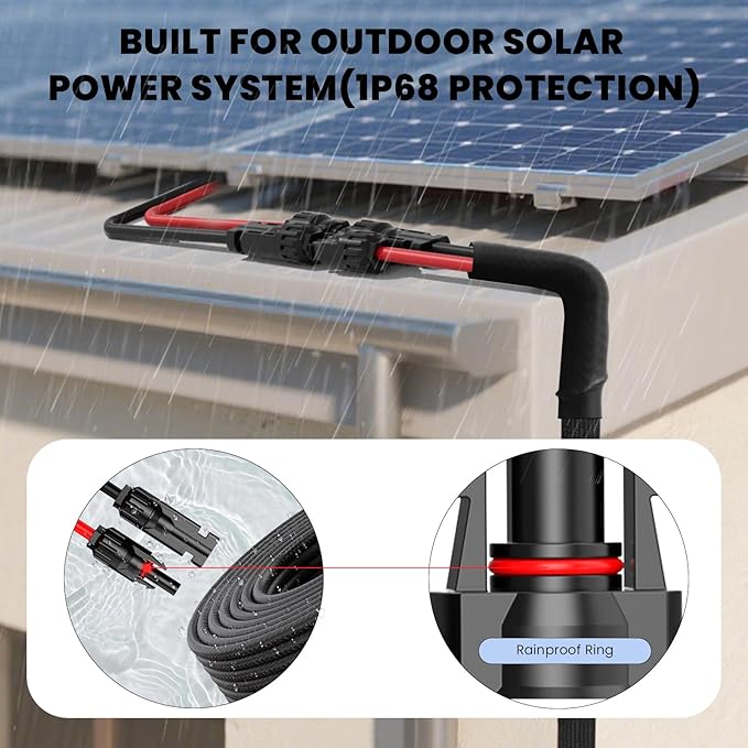 Twin Wire 20FT 10AWG Solar Extension Cable with Protection Cover, Solar Cable Extension Kit Solar Panel Connectors, IP68-Female and Male Connector, Solar Panel Cables for Home Boat RV Solar Panels