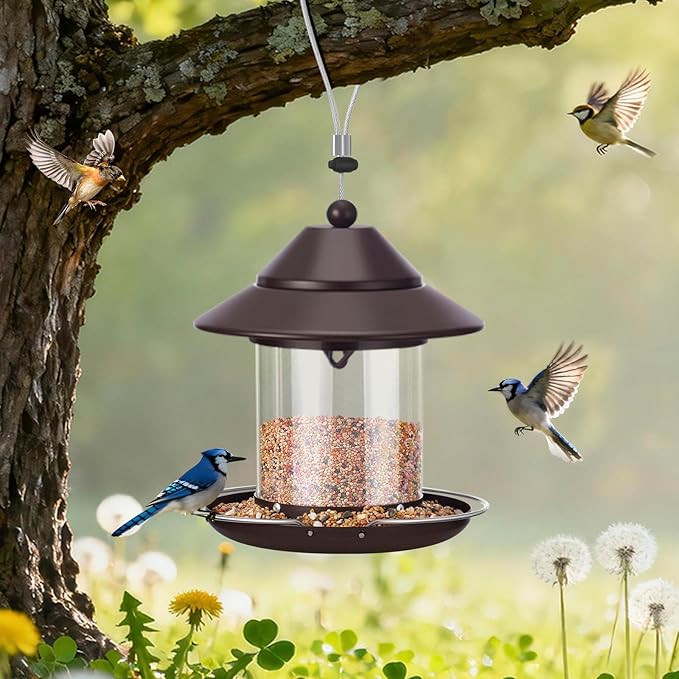 Bird Feeders for Outdoors, Hanging Metal Roof Bird Feeder with Clear Tube Seed Capacity for Viewing Cardinal Finch, Wild Birdfeeders for Outside Garden Yard Decoration